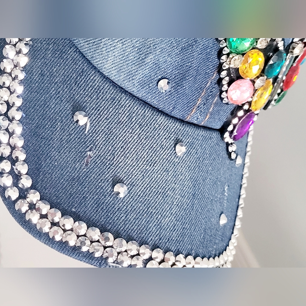 Denim Butterfly Rhinestone Baseball Hat, Adjustable - Picture 8 of 14